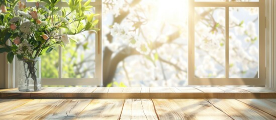 A light wooden table placed against a blurred spring window backdrop.
