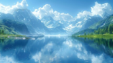 A tranquil lake is surrounded by towering mountains, their snow-capped peaks reflected in the mirror-like surface of the water. A gentle breeze ripples the surface, sending small waves lapping against