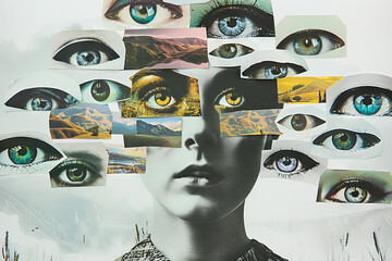 Collage of Diverse Eyes from Magazines Clippings on White Background