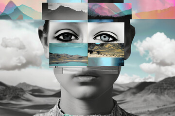 Surreal Collage of Woman's Face with Mountainous Landscape