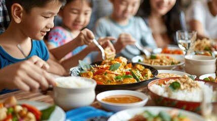 family enjoying a home-cooked Thai meal together, with dishes like massaman curry, stir-fried basil...
