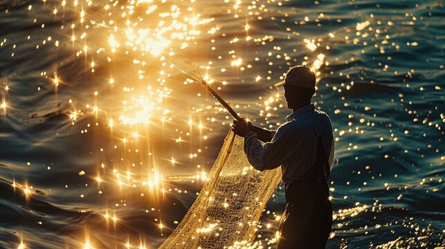 fisherman casting a net into the sparkling ocean waters, silhouetted against the morning sun