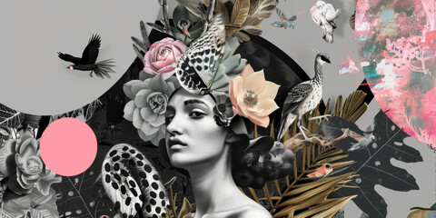 Enigmatic Beauty Amidst Surreal Floral Collage