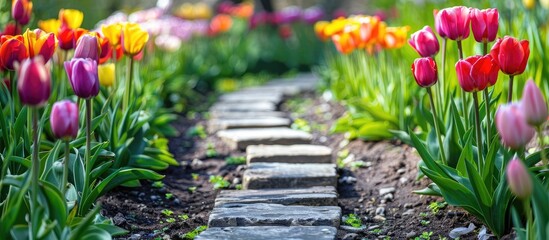 Bright tulips flower beds and a stone pathway in a spring formal garden