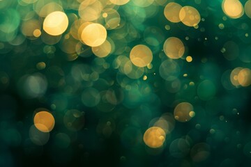Abstract blur bokeh banner background. Gold bokeh on a defocused emerald green background 