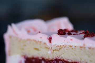 Flamingo cake with strawberry. Macro and slider shooting, Halation effect Close-up dessert on...