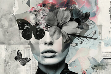 Surreal Collage of Woman with Flowers and Butterflies Artwork