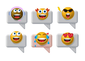 A speech bubble with emoji.
3d vector illustration.