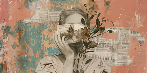 Vintage Collage Portrait with Florals and Newspaper Background
