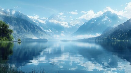 A tranquil lake is surrounded by towering mountains, their snow-capped peaks reflected in the mirror-like surface of the water. A gentle breeze ripples the surface, sending small waves lapping against
