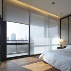 Smart Glass Privacy Screens - Create an idea for smart glass technology that instantly shifts from transparent to opaque based on room occupancy - obrazy, fototapety, plakaty