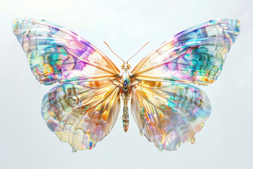 A captivating butterfly emblem, its iridescent wings radiating with a burst of colors against a solid white canvas.