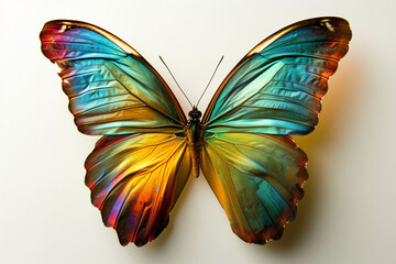 A captivating butterfly emblem, its iridescent wings radiating with a burst of colors against a solid white backdrop.