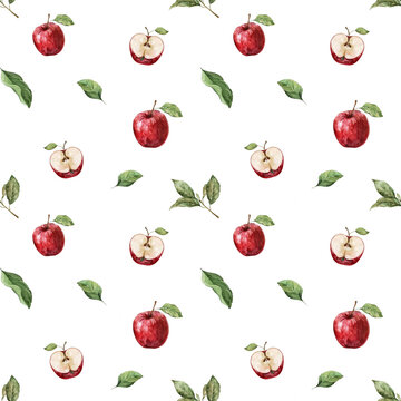 Seamless pattern of red apples and leaves on a white background. Ornament for print, fabric, textile and wrapping paper. Botanical Isolated illustration