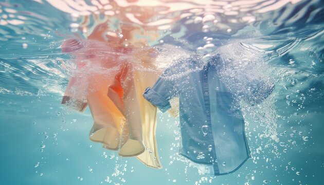 Two shirts are in the water, one is yellow and the other is blue by AI generated image