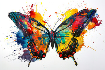 A captivating butterfly emblem, its iridescent wings radiating with a burst of colors against a solid white canvas.