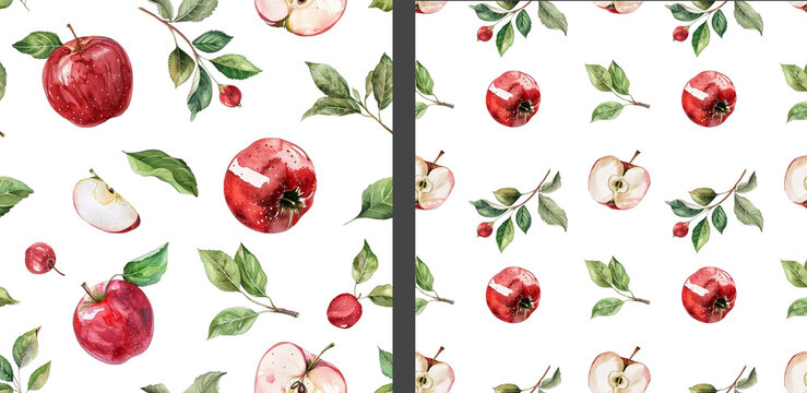 Seamless pattern set of red apples and leaves on a white background. Ornament for print, fabric, textile and wrapping paper. Botanical Isolated illustration