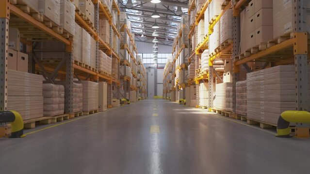 Retail warehouse and row of shelves with goods in card board boxes. Delivery, storage and logistic.
