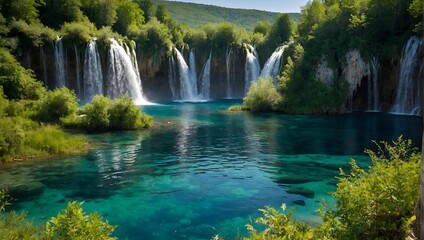 Exotic waterfall and lake landscape of Plitvice Lakes National Park, UNESCO natural world heritage and famous travel destination of Croatia. The lakes are located in central Croatia (Croatia proper)