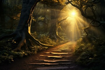 Fototapeta premium Scenic Path mountain light route. Forest green. Generate Ai
