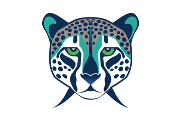 A captivating cheetah face icon with a vibrant color palette of indigo and emerald, showcasing its elegance through clean, modern lines. Isolated on white background.