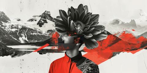 Surreal Montage of Woman, Flower, and Mountainous Landscape in Red and Black
