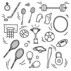 Sport sketch doodle Cartoon Set hand drawn sport gym equipment Ball, tennis racket, boxing gloves, basketball Vector illustration isolated background for healthy activity life, Olympic game tournament © Oxi An