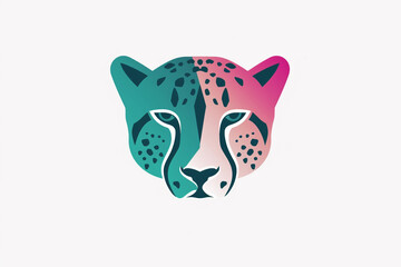 A captivating cheetah face icon with a vibrant color palette of teal and magenta, featuring bold and clean lines that accentuate its elegance. Isolated on a white background.