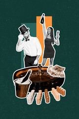Vertical image collage of two girl guy casino player money poker table event bottle champagne glass...