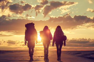 Friends going backpacking at sunset, hiking with friends 