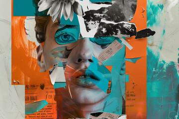 Abstract Collage Artwork with Female Portrait and Vibrant Colors