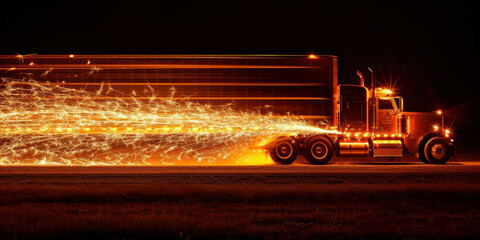 Burning flames from the back of a semi truck on a dark night