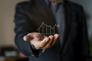 Growing diagram in hand of man in business suit. Symbol of development, business growth, prosperity and economy. Person holding growing graph. Banner concept of investments, new business idea.