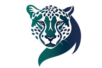 A captivating cheetah face icon with a vibrant color palette of indigo and emerald, showcasing its elegance through bold and clean lines. Isolated on a white background.