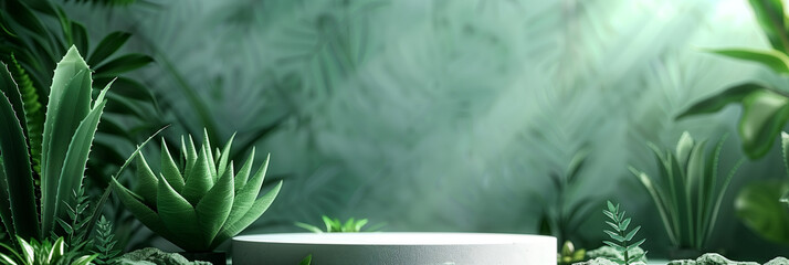 3D rendering of a white podium on an aloe vera. simple background banner design.