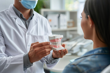 Dentist holds dental model and shows patient how to care for white teeth in clinic.