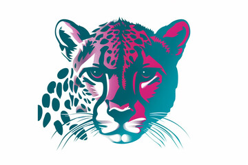 A captivating cheetah face icon with a vibrant color palette of teal and fuchsia, showcasing its elegance through bold and clean lines. Isolated on a white background.