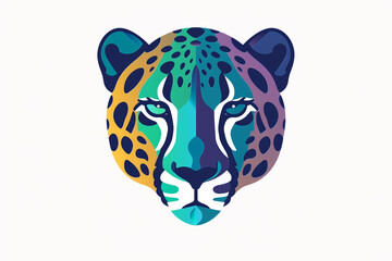 A captivating cheetah face icon with a vibrant color palette of indigo and emerald, showcasing its elegance through clean, modern lines. Isolated on white background.