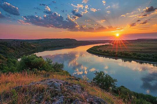 Sunset over the Dniester River. Evening in the National Nature Park Podolskie Tovtry
