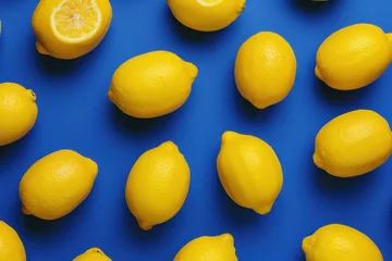  Fresh Lemons on Vibrant Blue Background with One Halved Lemon in the Middle Bright Citrus Fruit Collection for Graphic Design © SHOTPRIME STUDIO