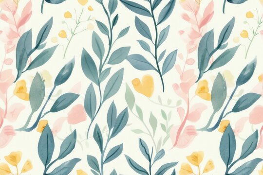 Floral Wallpaper with Yellow, Pink and Blue Flowers on White Background with Centered Leaves