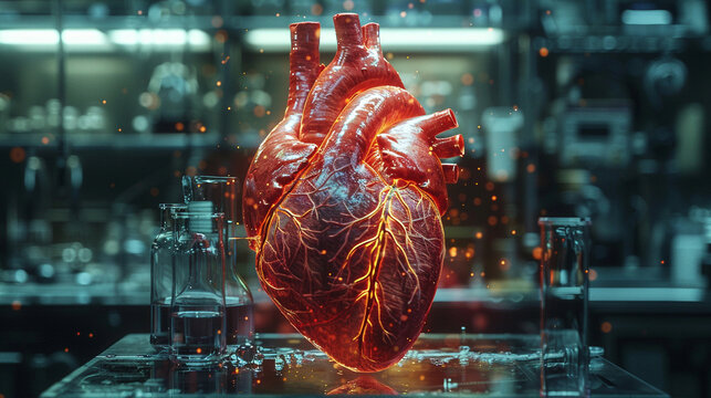 Glowing anatomical heart in the laboratory.