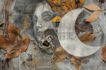 Autumn Collage with Vintage Newspaper, Artistic Face Illustration, and Natural Elements