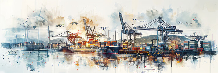 Watercolor painting of a port with cranes, ships and containers. Surrounded by flying drones.