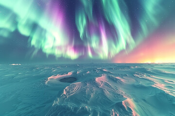 Ethereal pastel shades of the Aurora Borealis ripple over the frozen moonlit Arctic tundra evoking a sense of celestial wonder  - obrazy, fototapety, plakaty