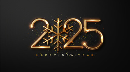 Golden 2025 Happy New Year background with snowflake. Black New Year and Christmas background. Template for holyday design card, banner