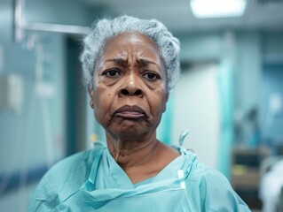 AI-Generated Stoic African American Senior Woman Hospital Gown Clinical setting looking at camera. DEI in health care concept