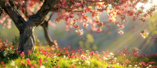 Tree with blooming flowers set against a natural backdrop, representing the beauty of spring.