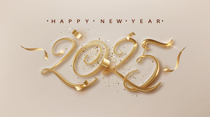 2025 Happy New Year banner with golden 3d realistic number and falling confetti . Celebration New Year's Eve bright background