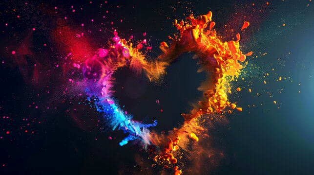 Heart shape made of colorful paint splashes on black background. 3D rendering